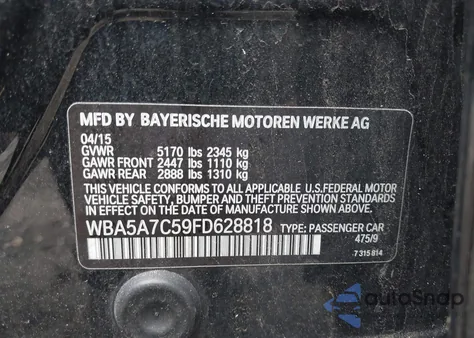 2015 BMW 528I xDrive z USA, uszkodzony, nr VIN WBA5A7C59FD628818